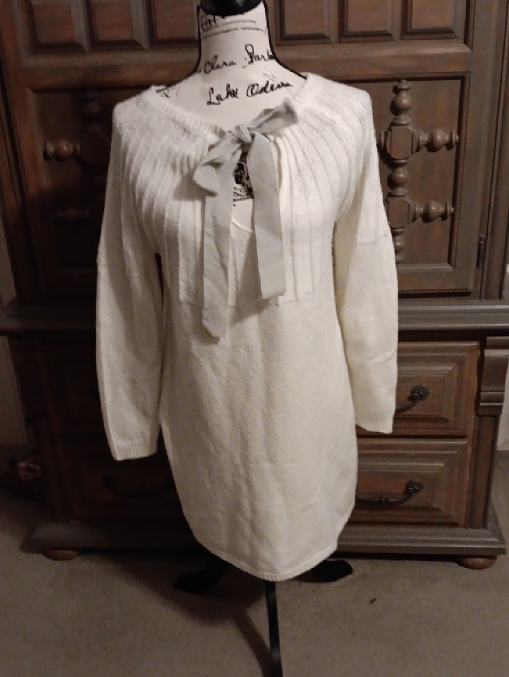 Blue Rain Cream Knit Sweater Dress with Bow Tie Neck
